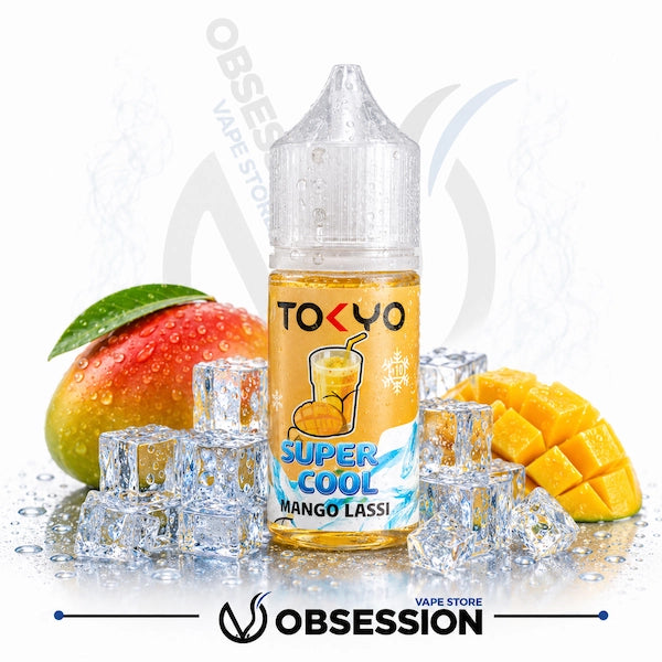 Bottle of Tokyo Super Cool Mango Lassi vape juice with mangoes and ice cubes on a white background.