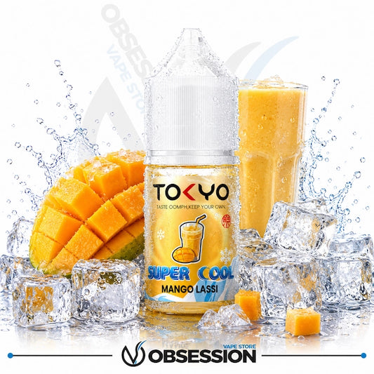 TOKYO Super Cool Mango Lassi vape juice bottle with mango and ice cubes on a white background