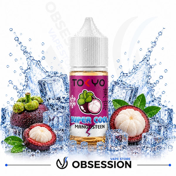 Vape juice bottle with mangosteen fruit and ice cubes on a white background, featuring the brand 'Obsession'.