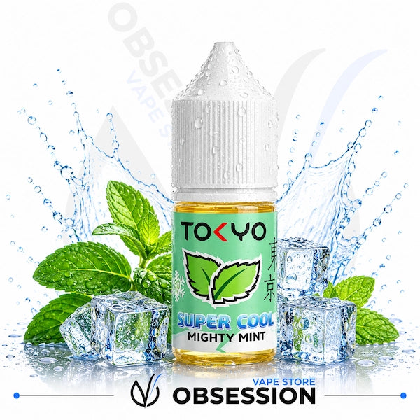 Vape juice bottle labeled 'Super Cool Mighty Mint' by Tokyo with mint leaves and ice cubes on a white background.
