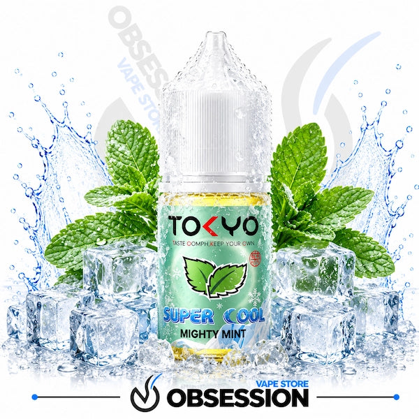 TOKYO Super Cool Mighty Mint vape juice bottle with mint leaves and ice cubes on a white background.