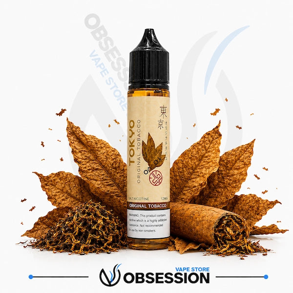 Vape juice bottle with tobacco leaves on a white background, featuring the brand 'Obsession Vape Store'.