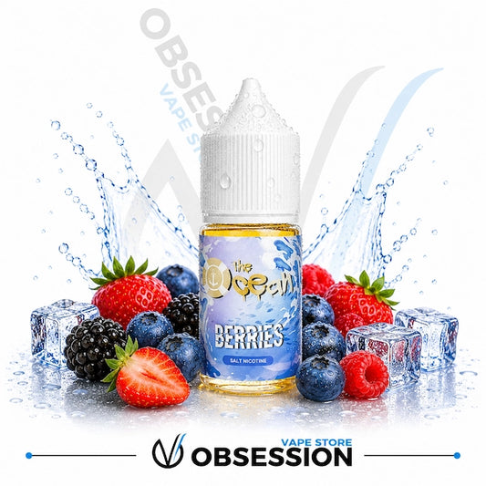 Vape juice bottle with berries and ice cubes on a reflective surface, branded 'Obsession Vape Store'.