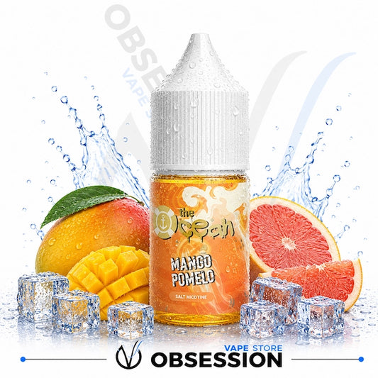 Mango Pomelo vape juice bottle with fruit and ice cubes on a white background, featuring the Obsession Vape Store logo.