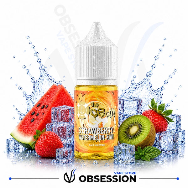 Vape juice bottle with strawberry watermelon kiwi flavor surrounded by fruits and ice cubes on a white background.