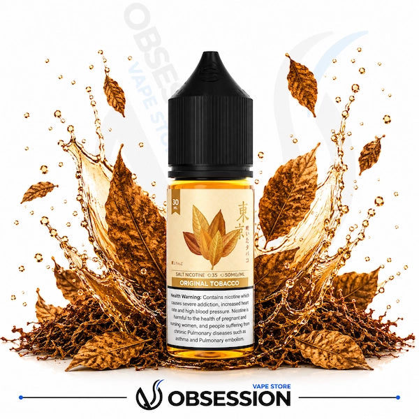 Vape juice bottle with tobacco leaves and liquid splashes on a white background, featuring the brand 'Obsession'.