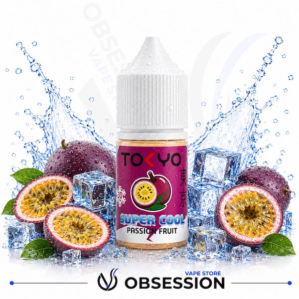 TOKYO Super Cool Passion Fruit vape juice bottle with passion fruits and ice cubes on a white background.