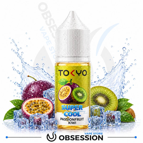 TOKYO Super Cool Passionfruit Kiwi vape juice bottle with fruits and ice cubes on a white background