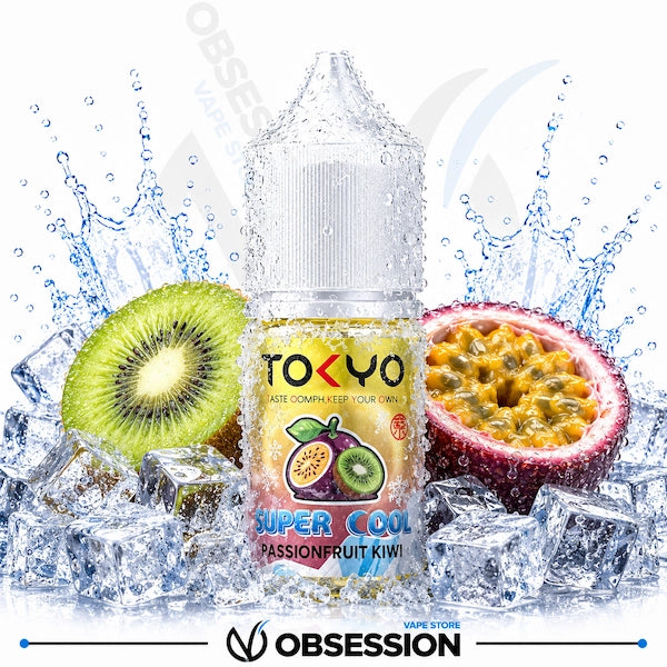 TOKYO vape juice bottle with a kiwi and passionfruit on a white background