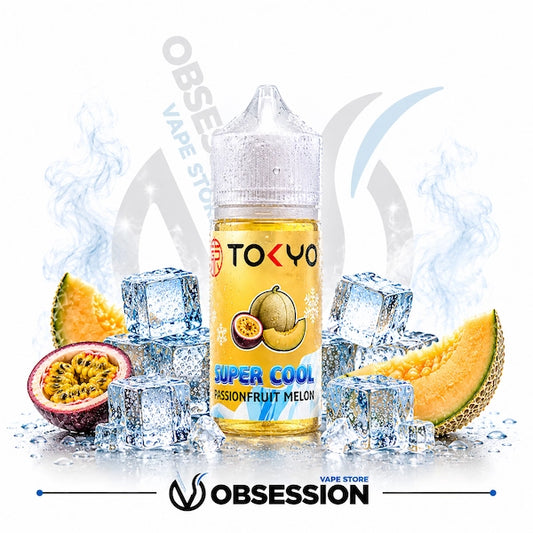 TOKYO Super Cool Passionfruit Melon vape juice bottle with ice cubes and fruit slices on a white background.