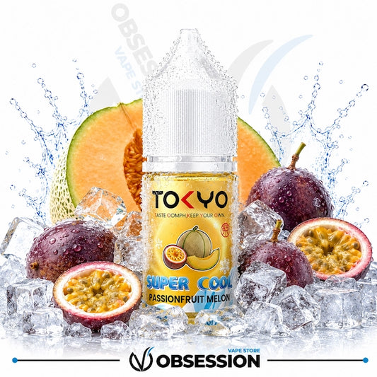 Vape juice bottle with passionfruit and melon on ice, featuring 'Tokyo' brand.