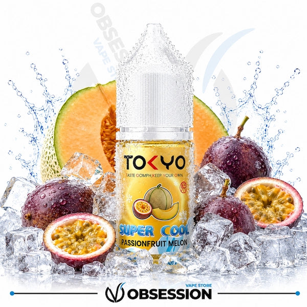 Vape juice bottle with passionfruit and melon on ice, featuring 'Tokyo' brand.