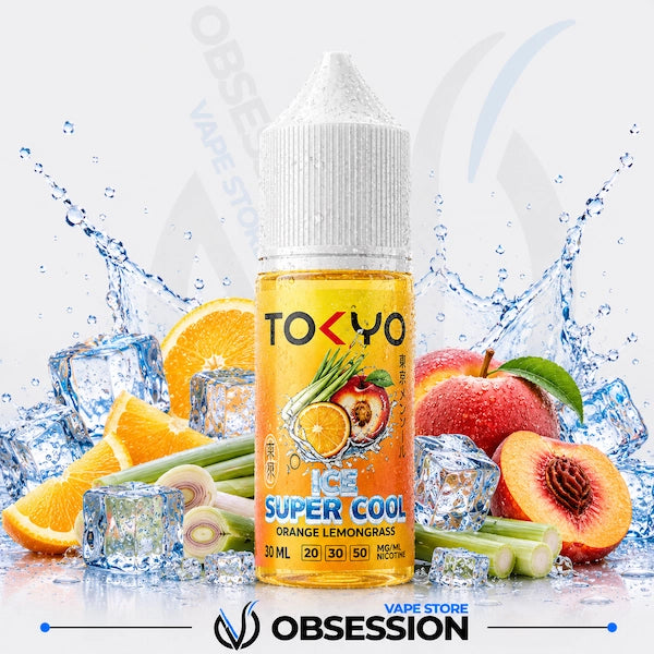 Vape juice bottle labeled 'Tokyo Ice Super Cool' with fruits and ice cubes on a white background