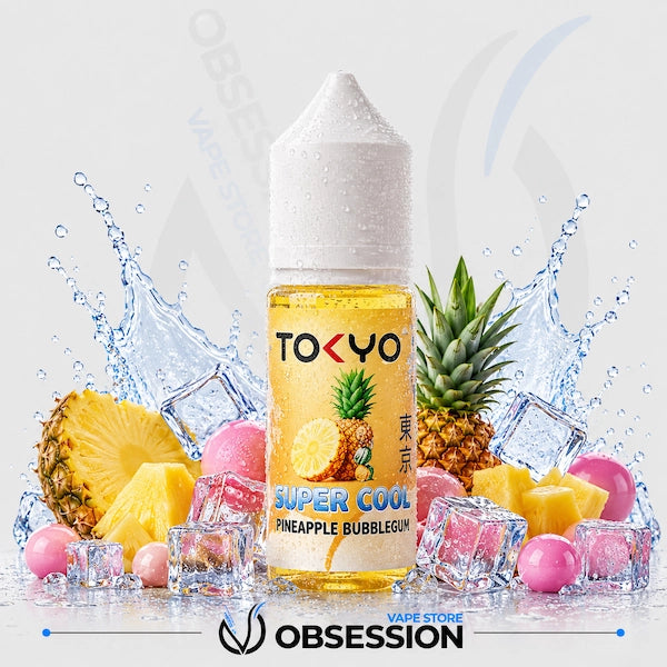 Bottle of Tokyo Super Cool Pineapple Bubblegum vape juice with pineapple, ice cubes, and candy on a light gray background.