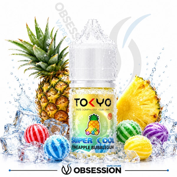 TOKYO vape juice bottle with pineapple and bubblegum elements on a white background
