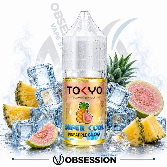 TOKYO Super Cool Pineapple Guava vape juice bottle with pineapple, guava, and ice cubes on a white background.