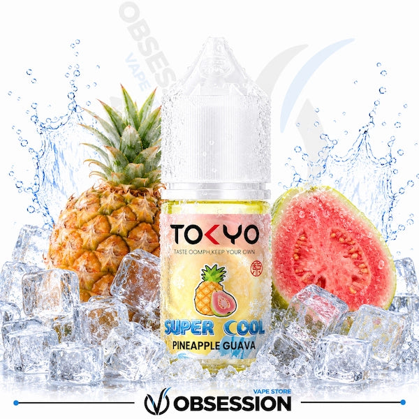 TOKYO vape juice bottle with pineapple and guava graphics on a white background