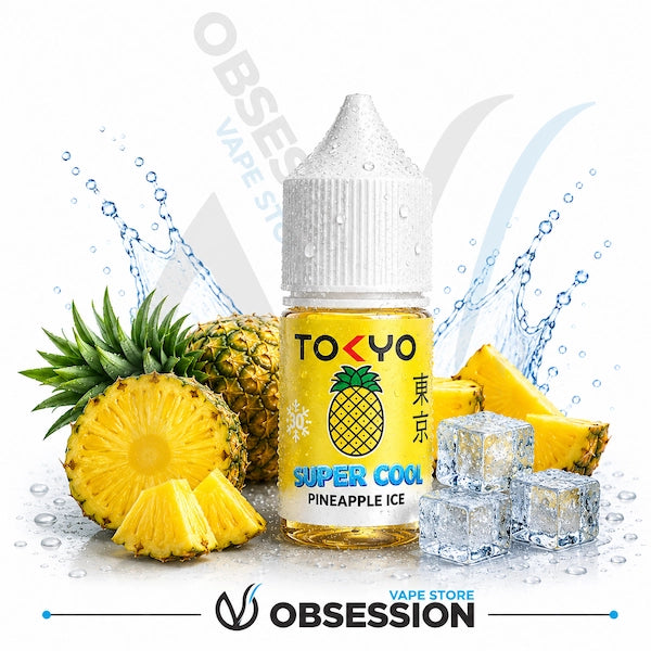 TOKYO Super Cool Pineapple Ice vape juice bottle with pineapples and ice cubes on a white background.