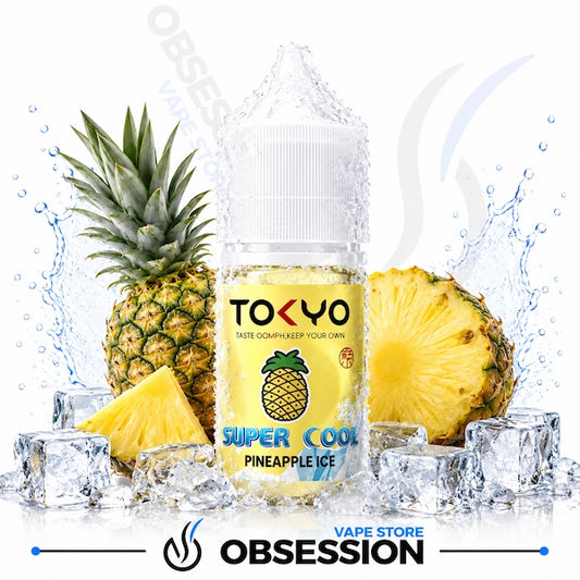Vape juice bottle labeled 'Super Cool Pineapple Ice' by Tokyo with a pineapple and ice cubes on a white background.