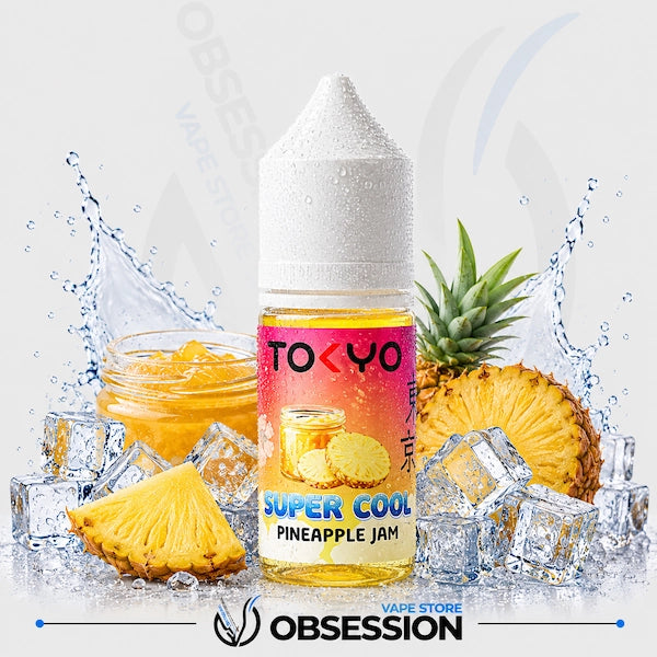 Vape juice bottle labeled 'Super Cool Pineapple Jam' by Tokyo with pineapples and ice cubes on a light gray background.