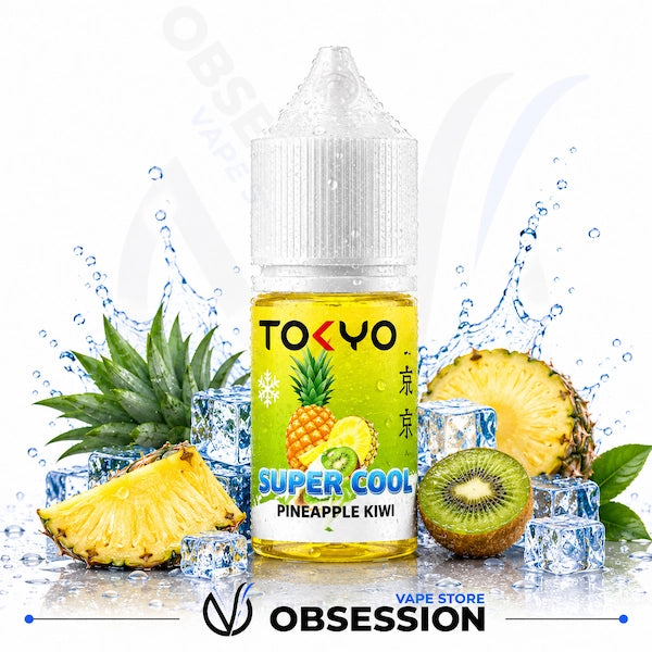 TOKYO Super Cool Pineapple Kiwi vape juice bottle with pineapple, kiwi, and ice cubes on a white background.