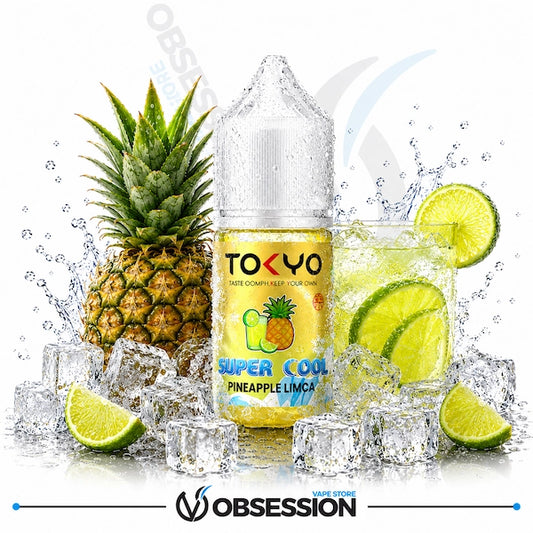 TOKYO vape juice bottle with pineapple and limca elements on a white background