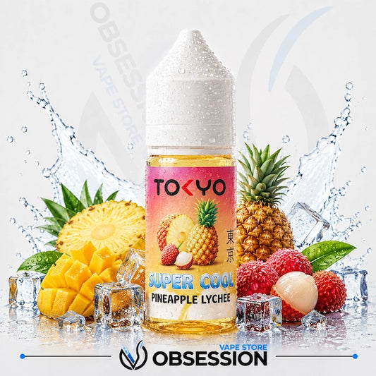 Vape juice bottle with pineapple and lychee theme on a white background