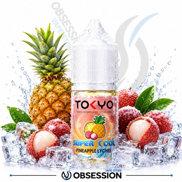 TOKYO Super Cool Pineapple Lychee vape juice with pineapple, lychees, and ice cubes on a white background.