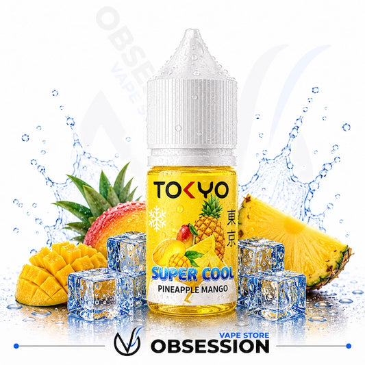 TOKYO Super Cool Pineapple Mango vape juice bottle with pineapple and mango slices, ice cubes, and water splashes on a white background.