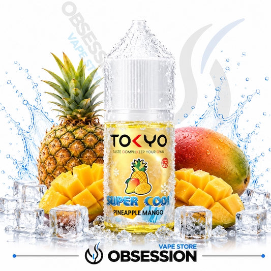 TOKYO Super Cool Pineapple Mango vape juice with pineapple, mango, and ice cubes on a white background.