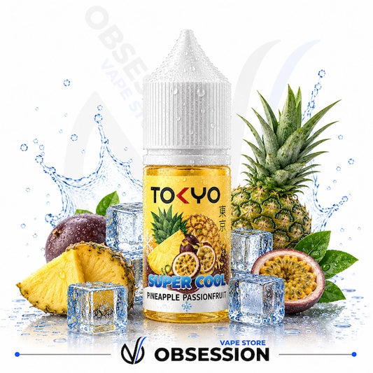 TOKYO Super Cool Pineapple Passionfruit vape juice bottle with pineapple and passionfruit on a white background.