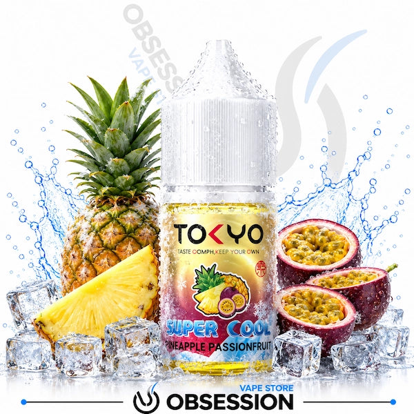TOKYO vape juice bottle with pineapple and passionfruit on a white background