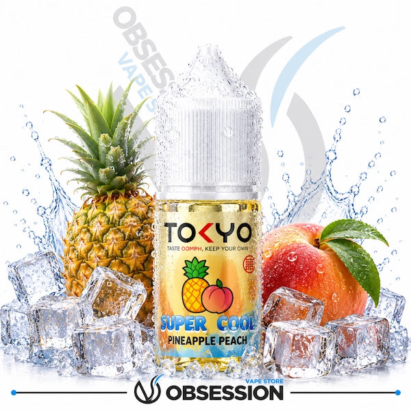Vape juice bottle labeled 'Tokyo' with pineapple and peach graphics, surrounded by ice cubes and a pineapple.