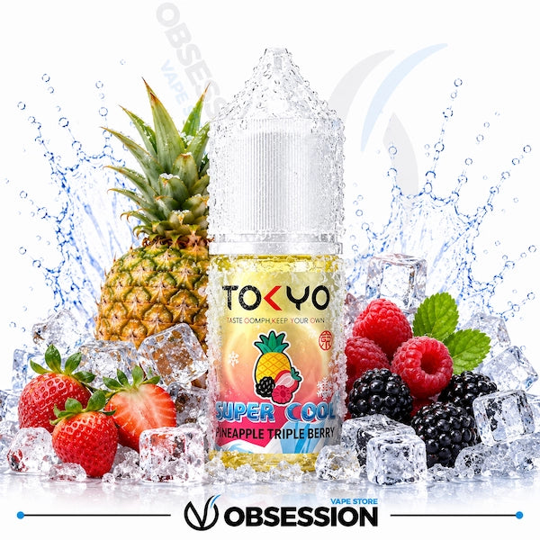 TOKYO Super Cool Pineapple Triple Berry vape juice bottle with fruit and ice elements on a white background.