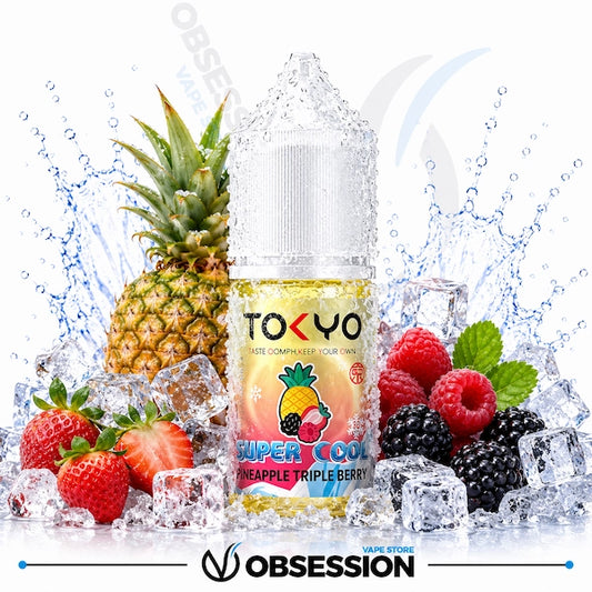 TOKYO Super Cool Pineapple Triple Berry vape juice bottle with fruit and ice elements on a white background.