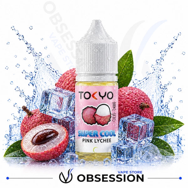 Tokyo Super Cool Pink Lychee vape juice bottle with lychees and ice cubes on a white background