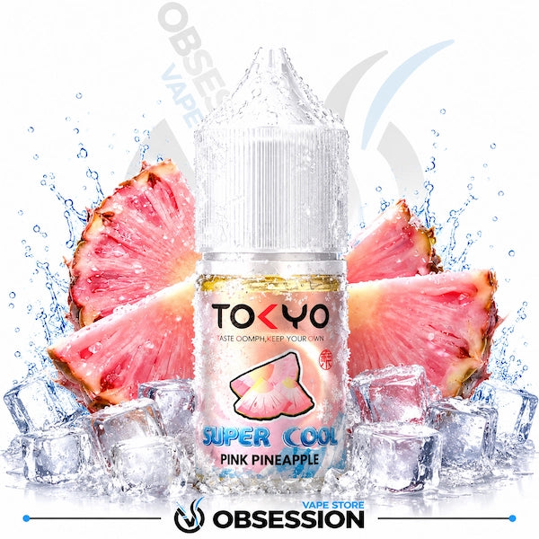Vape juice bottle labeled 'Super Cool Pink Pineapple' with pink pineapple slices and ice cubes on a white background.