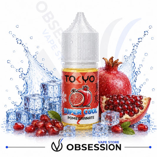 Tokyo Super Cool Pomegranate vape juice bottle with pomegranates and ice cubes on a white background.