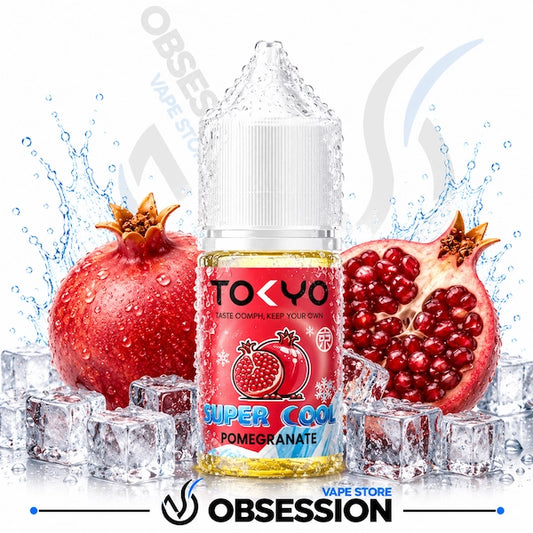 Vape juice bottle labeled 'Tokyo' with pomegranate theme and ice cubes on a white background.