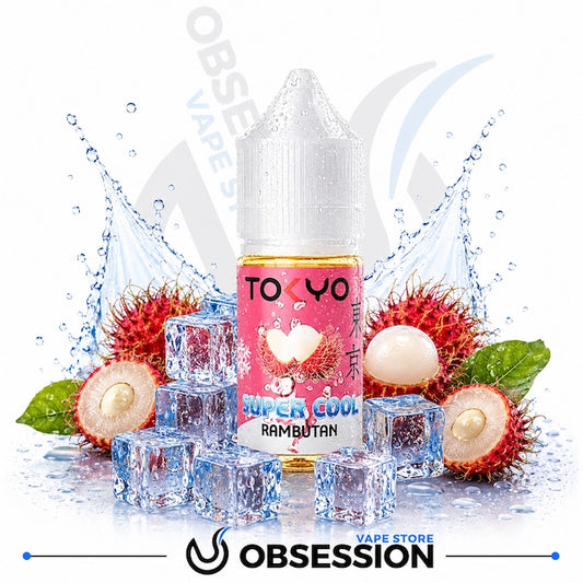 Vape juice bottle with rambutan fruit and ice cubes on a white background, featuring the brand 'Obsession'.