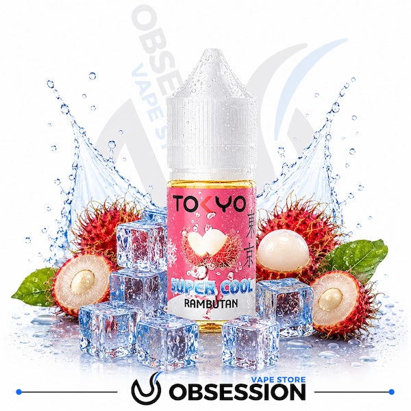 Vape juice bottle with rambutan fruit and ice cubes on a white background, featuring the brand 'Obsession'.