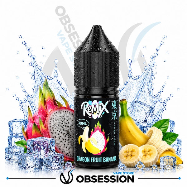 Vape juice bottle labeled 'Remix' with dragon fruit and banana graphics on a white background with ice cubes and water splashes.