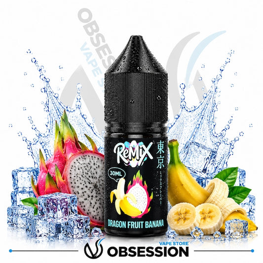 Vape juice bottle labeled 'Remix' with dragon fruit and banana graphics on a white background with ice cubes and water splashes.