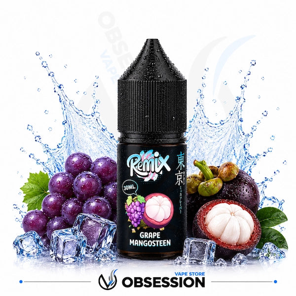 Remix Grape Mangosteen vape juice bottle with grapes, ice cubes, and mangosteen on a white background.