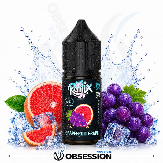 Remix Grapefruit Grape vape juice bottle with grapefruit and grape elements on a white background