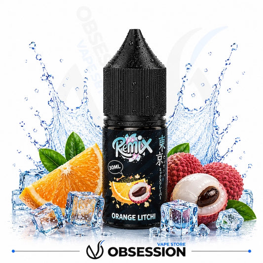 Vape juice bottle labeled 'Orange Litchi' with fruit and ice elements on a white background
