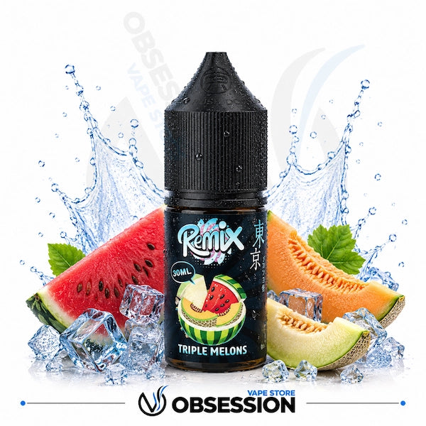 Remix Triple Melons vape juice bottle with watermelon, cantaloupe, and honeydew slices on a white background.