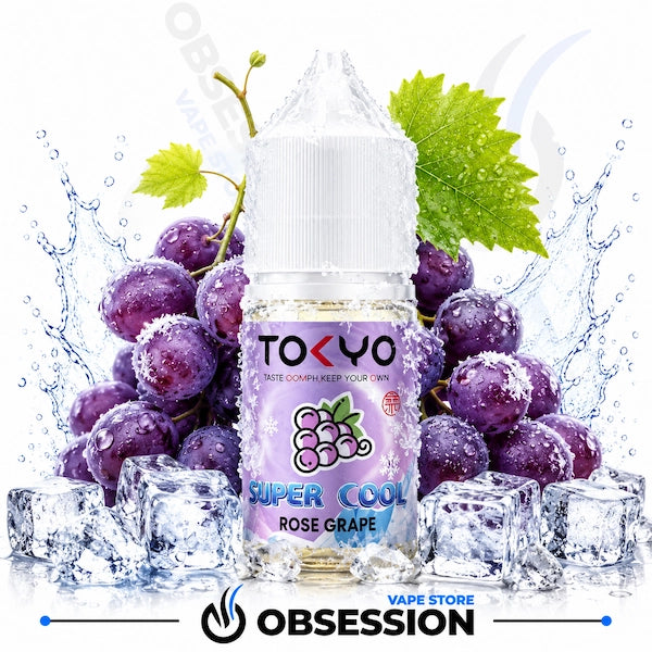 TOKYO Super Cool Rose Grape vape juice bottle with grapes and ice cubes on a white background
