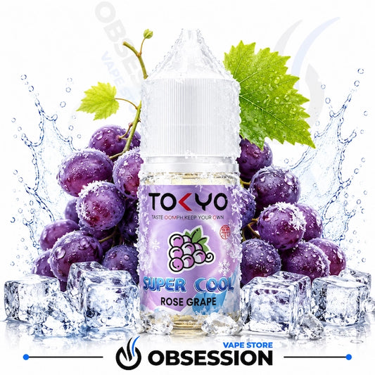 TOKYO Super Cool Rose Grape vape juice bottle with grapes and ice cubes on a white background