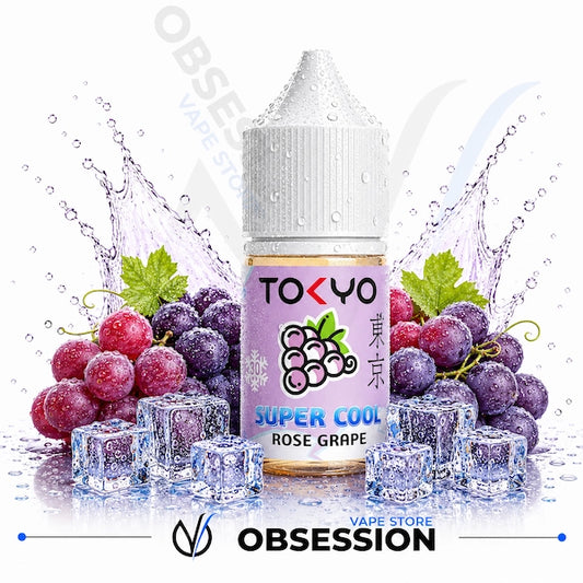 Vape juice bottle labeled 'Super Cool Rose Grape' by Tokyo with grapes and ice cubes on a white background.